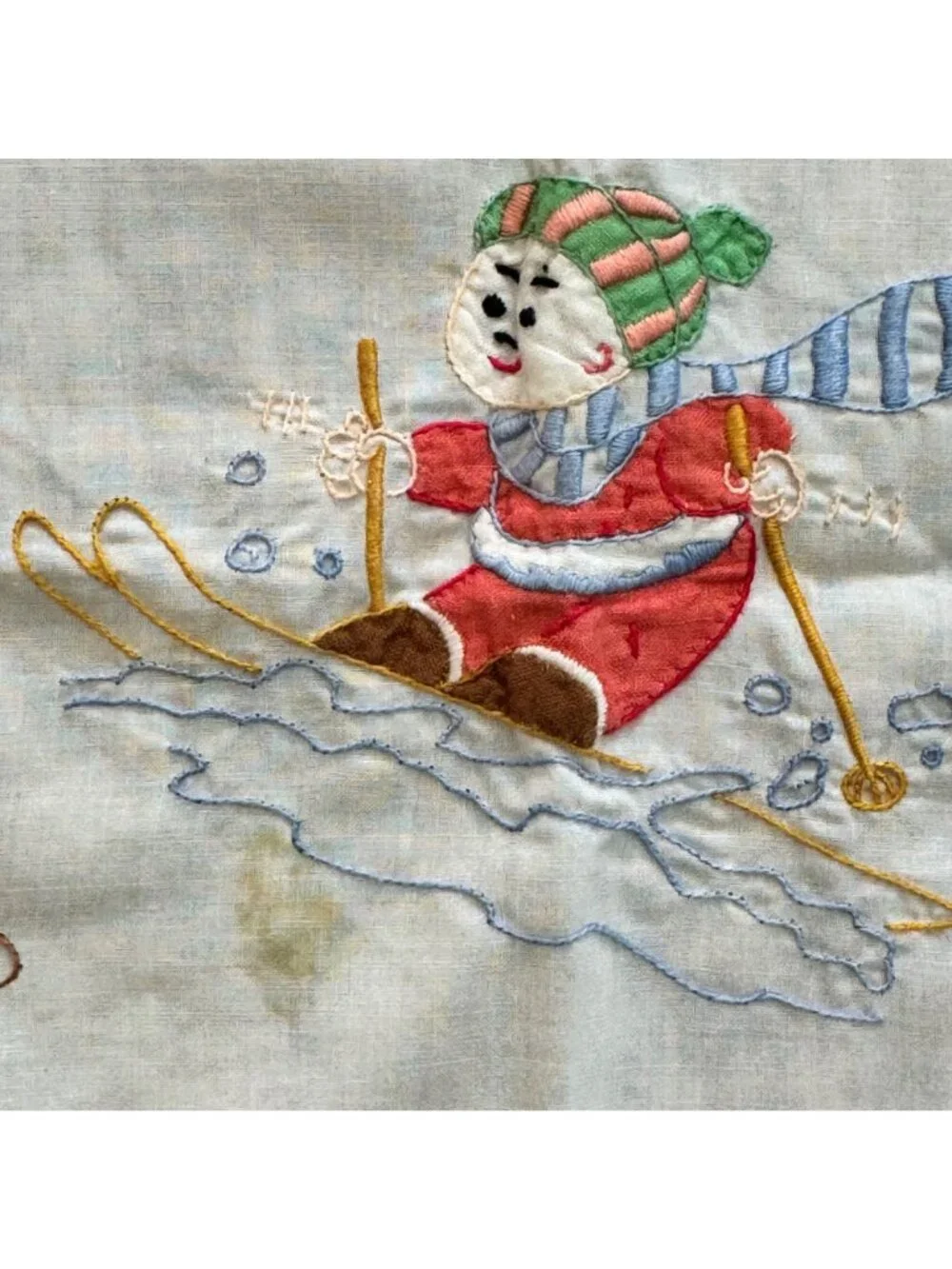 Vintage Embroidered Baby Crib Flat Sheet Jump Rope Skiing Baseball White Pink